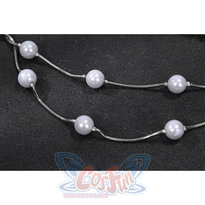 Felicia Hardy Urban Predator cosplay costume lays pearl chain loops across the accessory strand.