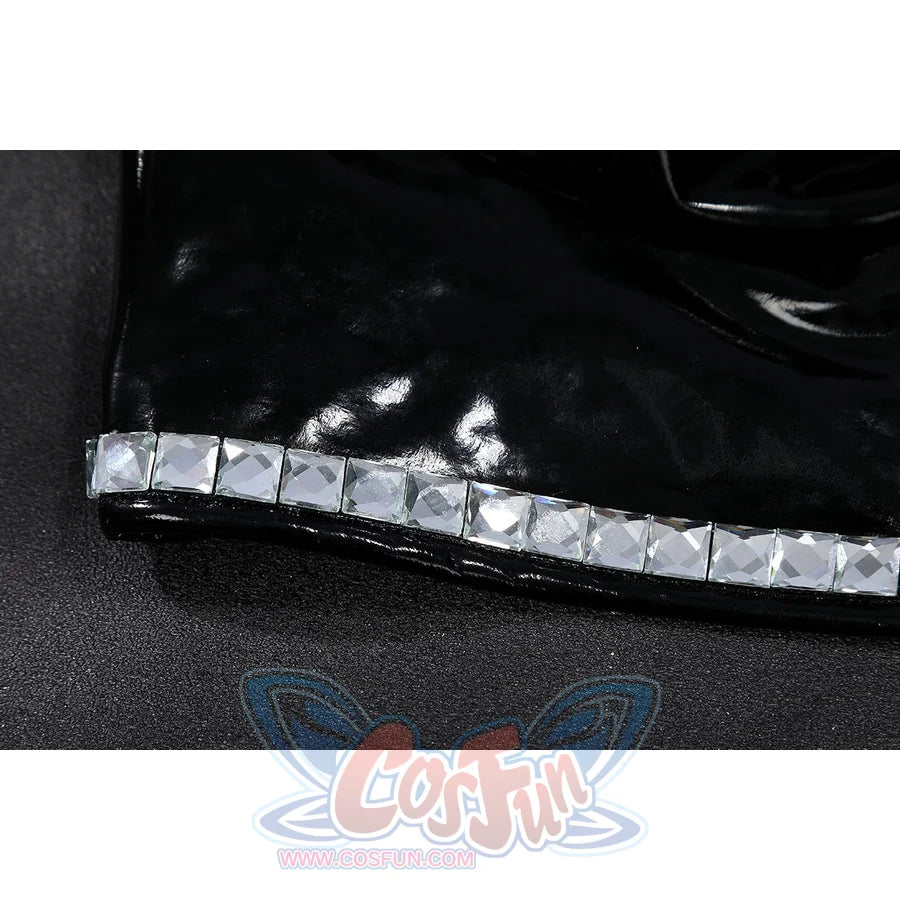 Felicia Hardy Urban Predator cosplay costume traces silver edging along the glossy skirt hem.