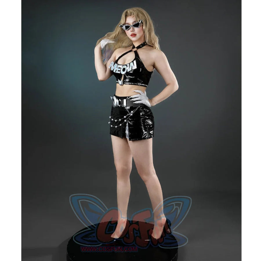 Felicia Hardy Urban Predator cosplay costume sets crop top and belt chain in a straight front pose.