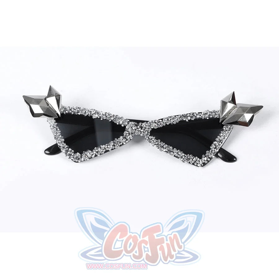 Felicia Hardy Urban Predator cosplay costume frames sunglasses below silver corner accents.