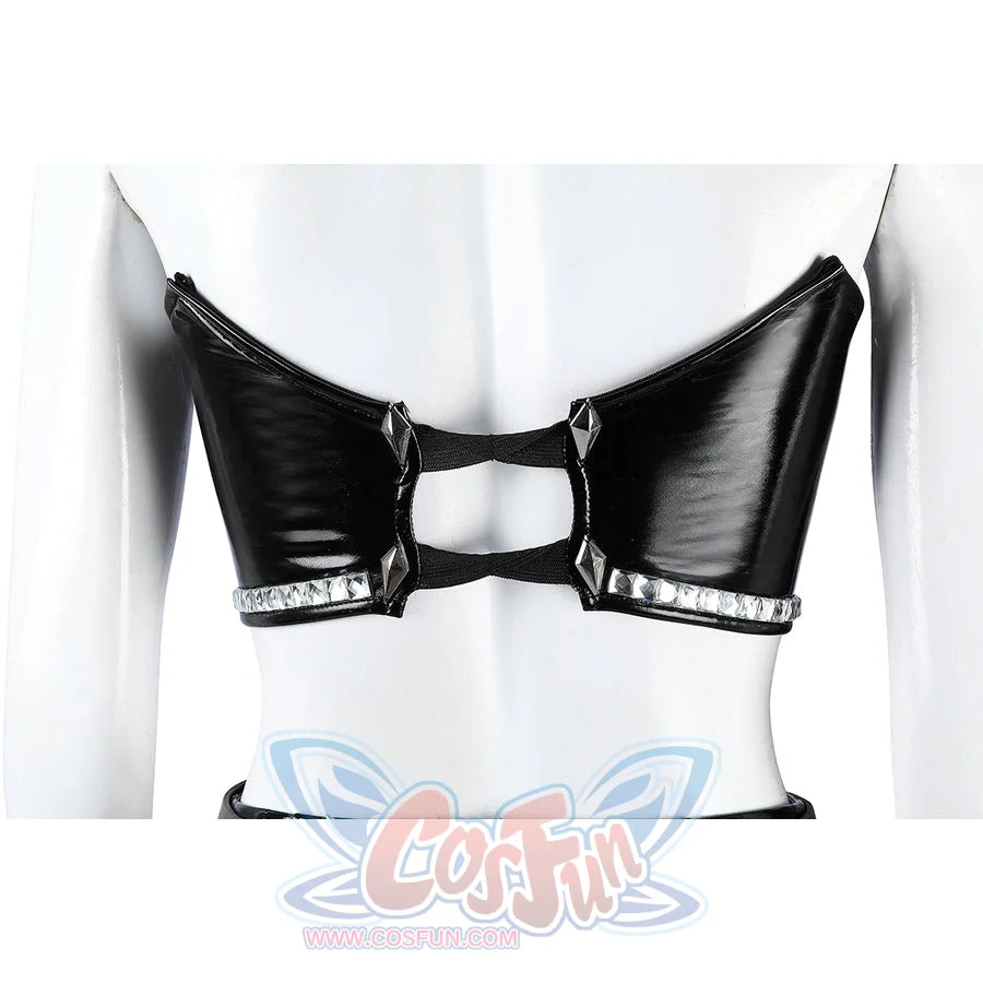 Felicia Hardy Urban Predator cosplay costume turns the cropped top back and halter clasp into view.