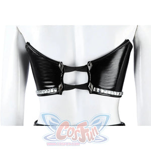 Felicia Hardy Urban Predator cosplay costume turns the cropped top back and halter clasp into view.