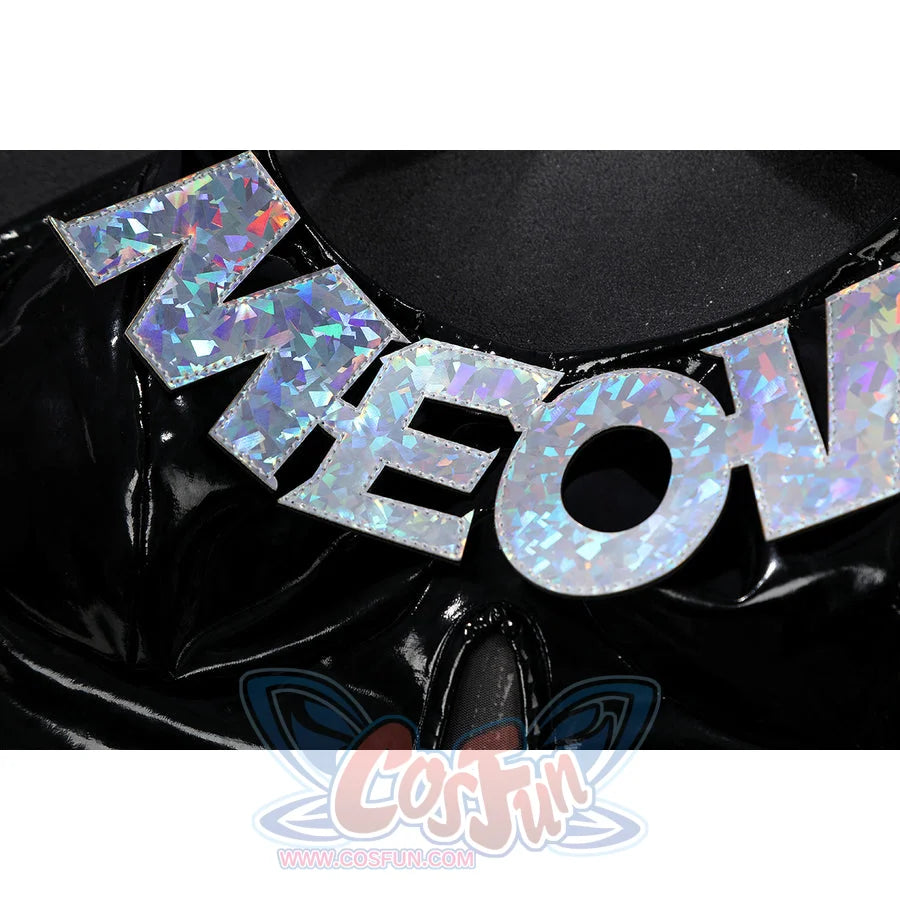 Felicia Hardy Urban Predator cosplay costume centers bold lettering over glossy black fabric.