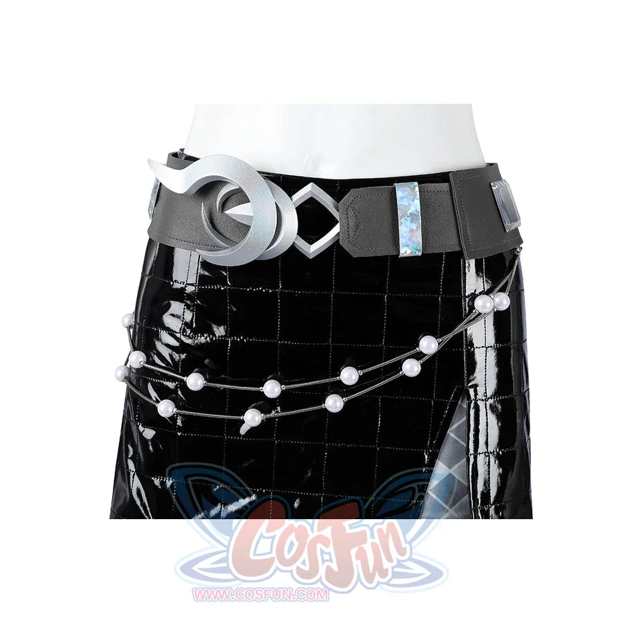 Felicia Hardy Urban Predator cosplay costume drapes the pearl chain across the belt and skirt.