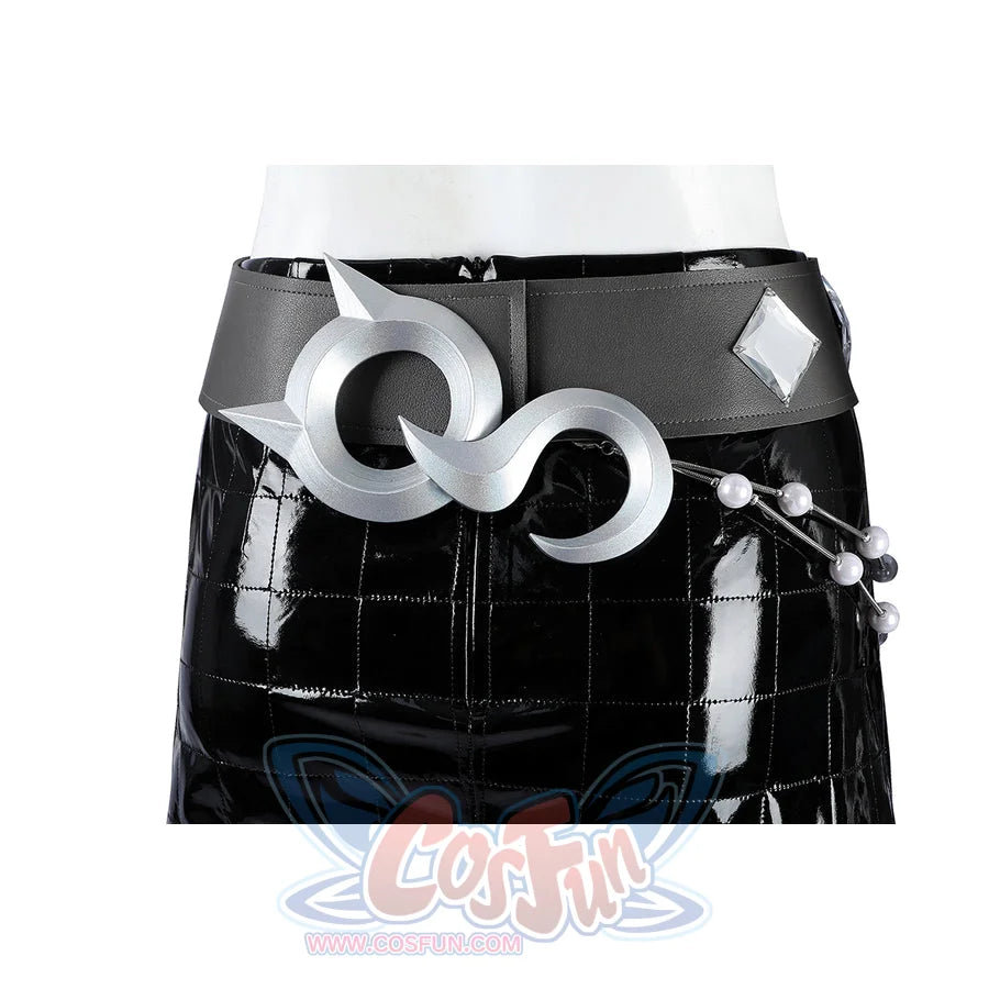 Felicia Hardy Urban Predator cosplay costume links silver belt loops across the black skirt waist.