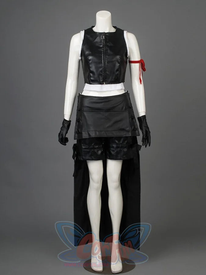 FINAL FANTASY VII FF7 Tifa Lockhart cosplay full set balances a zip vest, crop top, skirt, shorts, and back tail piece.