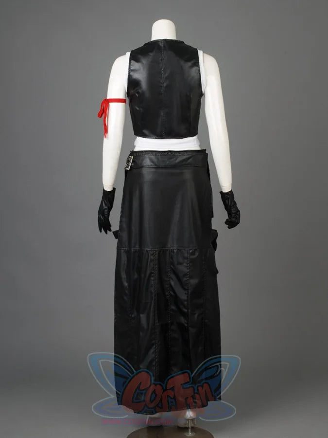 FINAL FANTASY VII FF7 Tifa Lockhart cosplay outfit centers a cropped vest over a white tank anchored by a red armband.