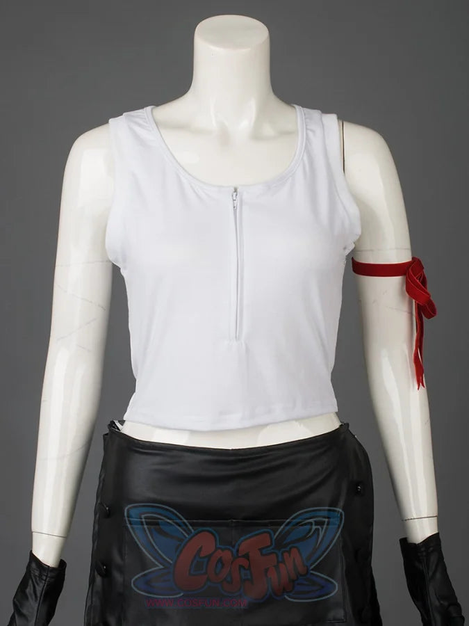 FINAL FANTASY VII FF7 Tifa Lockhart cosplay top pairs a white zip crop tank with a red velvet arm ribbon and cuffed glove.