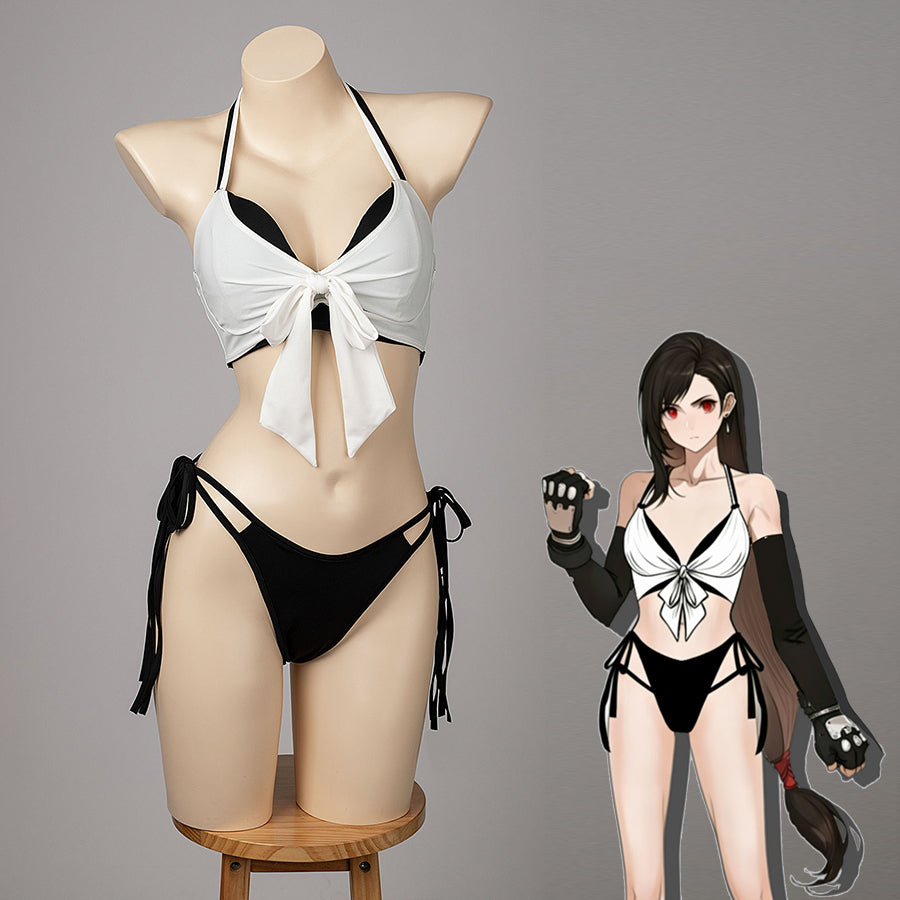 COSFUN Final Fantasy VII Tifa Lockhart cosplay bikini pairs a white bow front top with black tie bottoms.