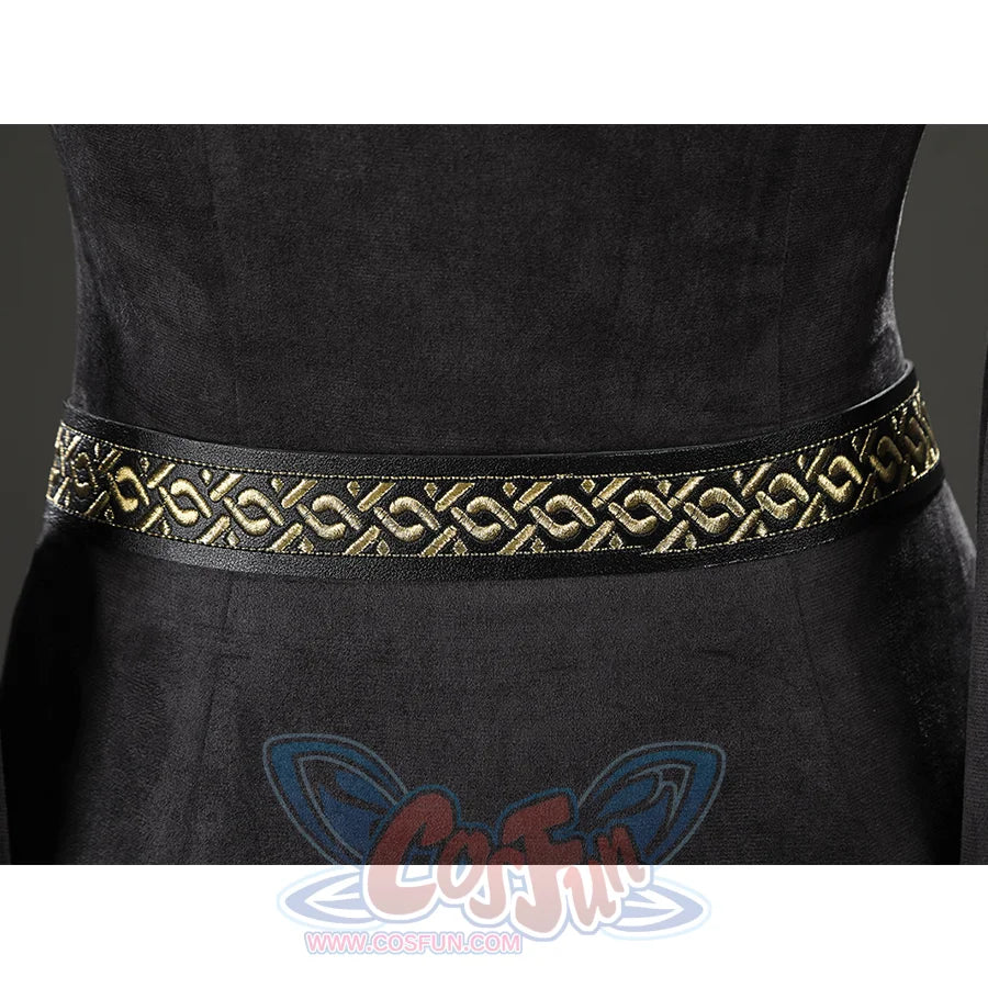 Close-up of the back waist area showing the embroidered black and gold belt on the Fire Keeper cosplay costume.