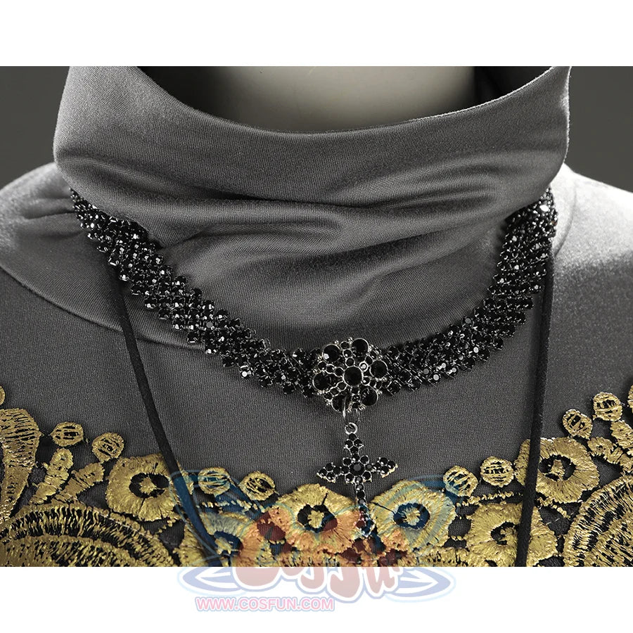 Close-up of the Fire Keeper cosplay black beaded necklace with cross pendant above the embroidered neckline.