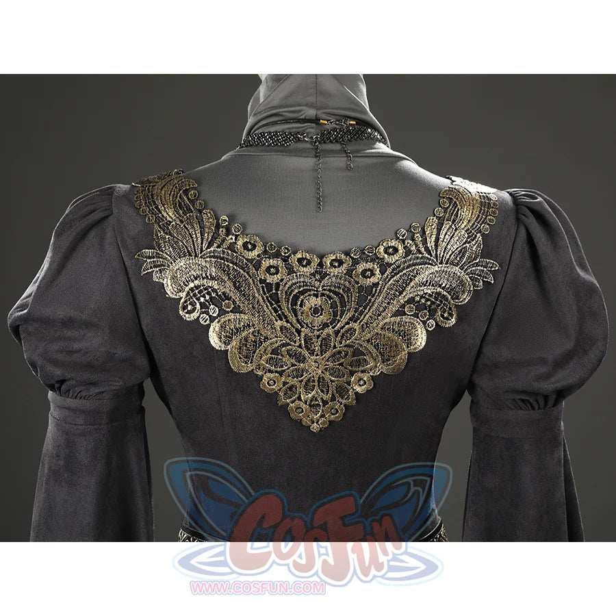 Back close-up of the Fire Keeper cosplay bodice featuring ornate gold embroidery across the upper back.