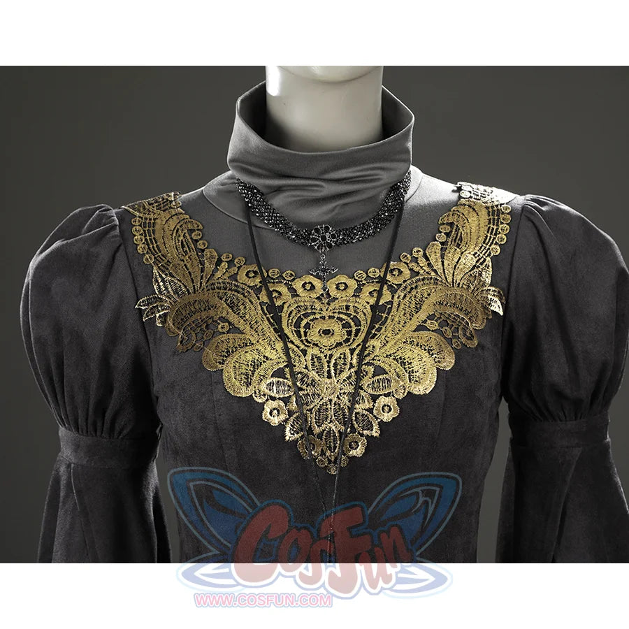 Front close-up of the Fire Keeper cosplay bodice with gold embroidered neckline, puff sleeves, and gray collar.