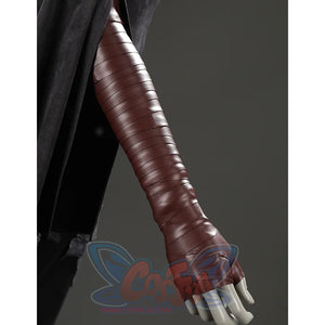 Close-up of the Dark Souls III Fire Keeper cosplay brown forearm glove wrap with layered banded detailing.