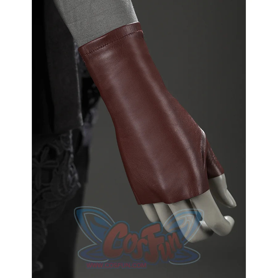 Close-up of the Dark Souls III Fire Keeper cosplay brown hand glove with a smooth fitted wrist panel.