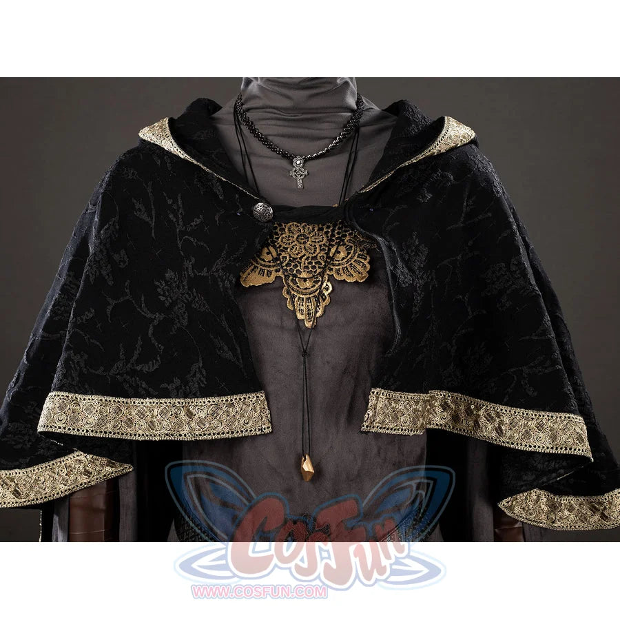 Dark Souls III Fire Keeper cosplay cloak close-up shows black jacquard fabric edged by ornate gold trim