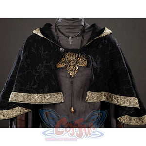 Dark Souls III Fire Keeper cosplay cloak close-up shows black jacquard fabric edged by ornate gold trim