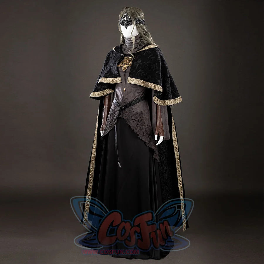 Dark Souls III Fire Keeper cosplay costume angled view layers a gold-trimmed black cloak over dark robes