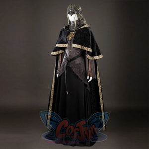Dark Souls III Fire Keeper cosplay costume angled view layers a gold-trimmed black cloak over dark robes