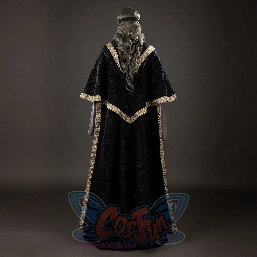 Dark Souls III Fire Keeper cosplay cloak back view shows a black jacquard drape edged in gold-tone trim