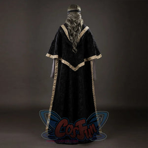 Dark Souls III Fire Keeper cosplay cloak back view shows a black jacquard drape edged in gold-tone trim