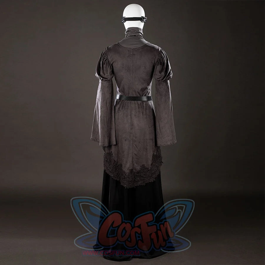 Dark Souls III Fire Keeper cosplay costume back view highlights a belted gray tunic over the black skirt