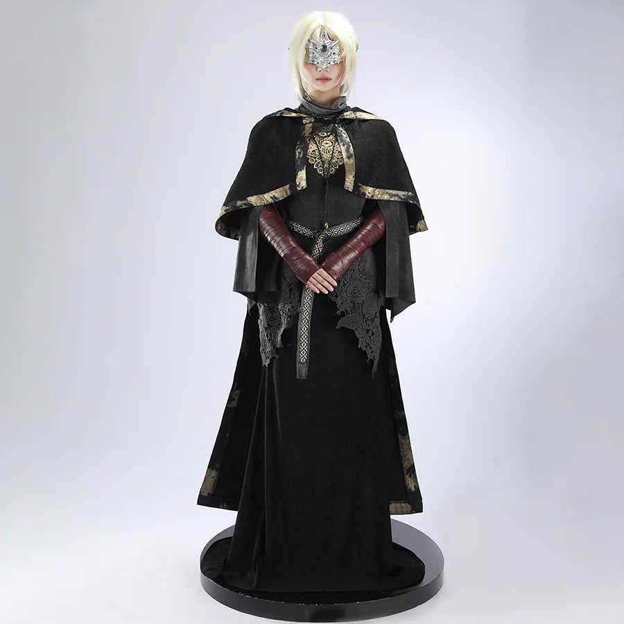 Front full view of the Dark Souls III Fire Keeper suede cosplay costume with mask, cape, and long black dress.