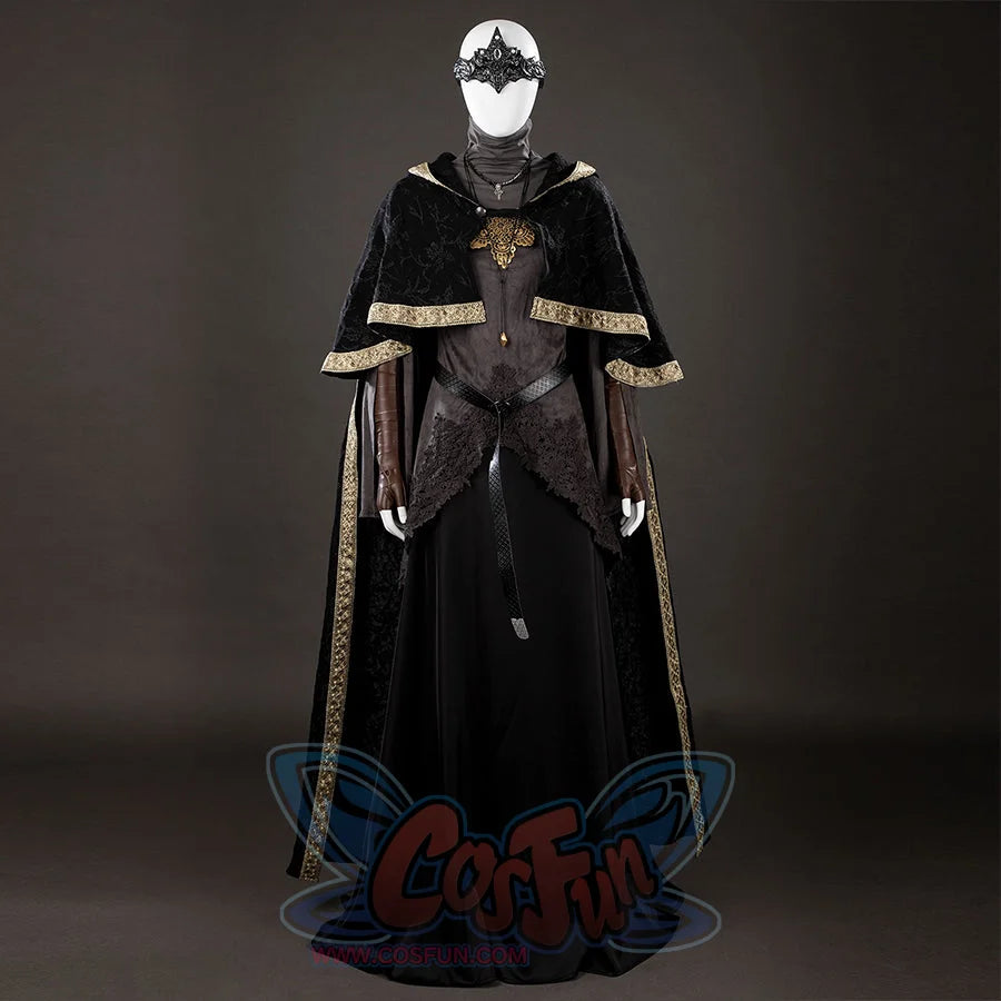 Dark Souls III Fire Keeper cosplay costume front view frames the mask inside a hooded black cloak with gold trim