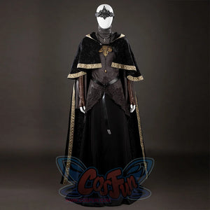 Dark Souls III Fire Keeper cosplay costume front view frames the mask inside a hooded black cloak with gold trim