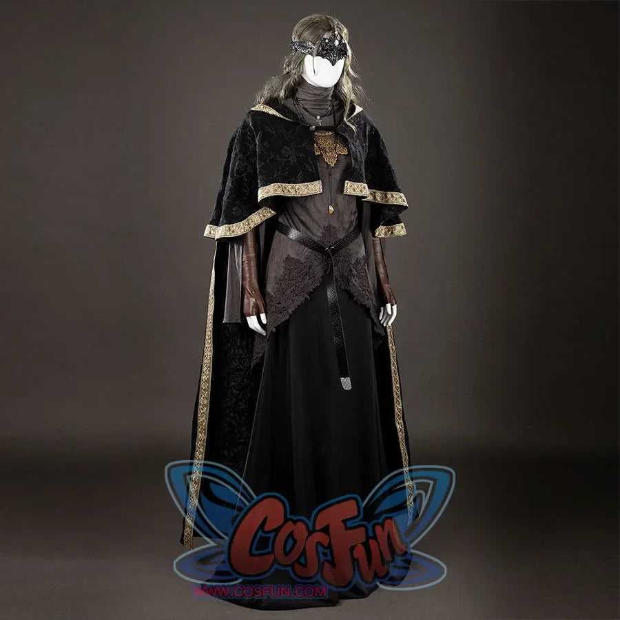 Dark Souls III Fire Keeper cosplay costume front view displays an open black cloak over the layered dress