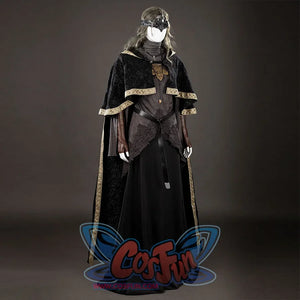 Dark Souls III Fire Keeper cosplay costume front view displays an open black cloak over the layered dress