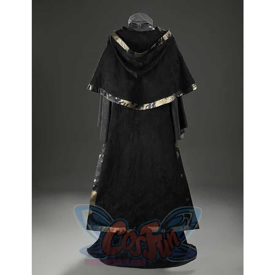 Back view of the Dark Souls III Fire Keeper cosplay costume highlighting the hooded cape and long black suede robe.