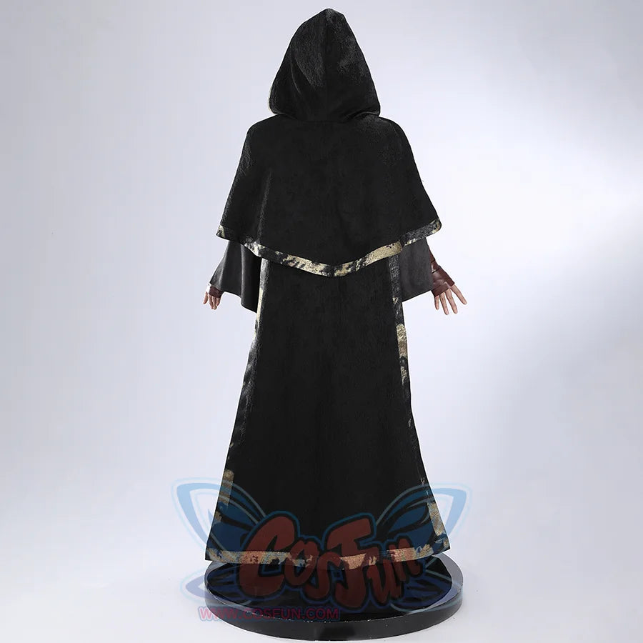 Back full view of the Dark Souls III Fire Keeper suede cosplay costume with hood up and cape trim visible.