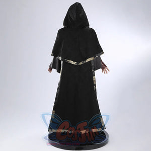 Back full view of the Dark Souls III Fire Keeper suede cosplay costume with hood up and cape trim visible.
