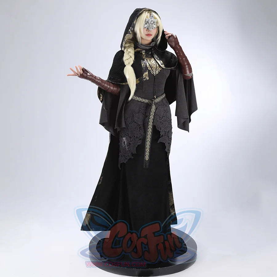 Front view of the Dark Souls III Fire Keeper suede cosplay costume with the hood up over the mask and braided wig.