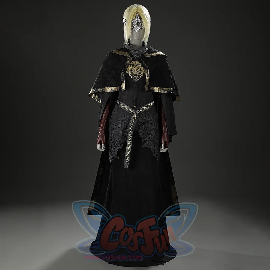 Front mannequin display of the Dark Souls III Fire Keeper suede cosplay costume with mask, cape, and long dress.
