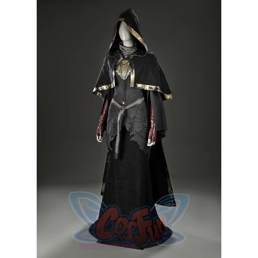 Angled mannequin view of the Dark Souls III Fire Keeper suede cosplay costume with hood up and layered cape.