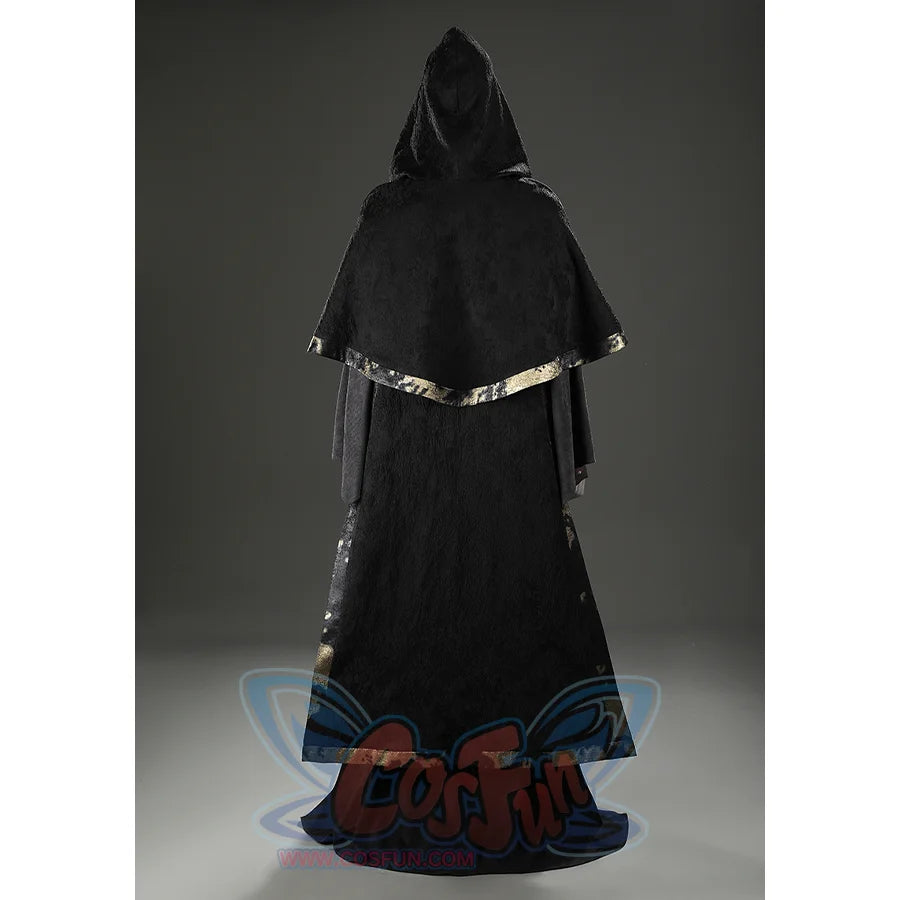Back view of the Dark Souls III Fire Keeper cosplay costume with the hood up and black suede outer layer.