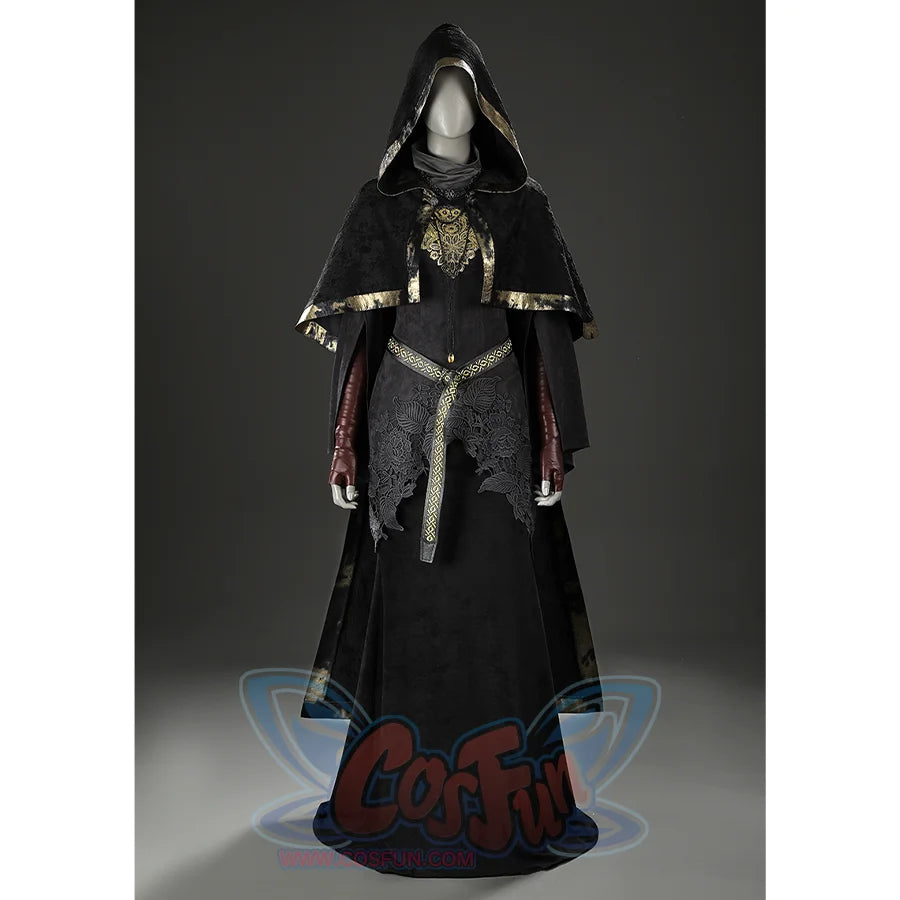 Front mannequin display of the Dark Souls III Fire Keeper suede cosplay costume shown with the hood raised.