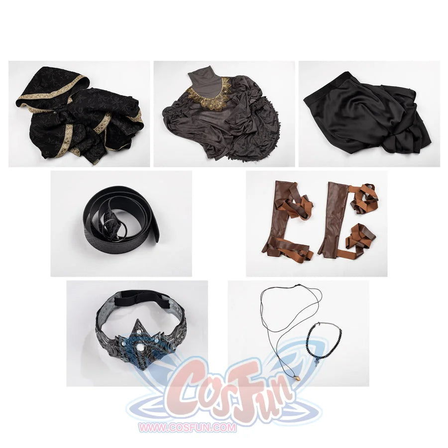 Dark Souls III Fire Keeper cosplay costume flat lay arranges folded costume pieces beside the mask and chains