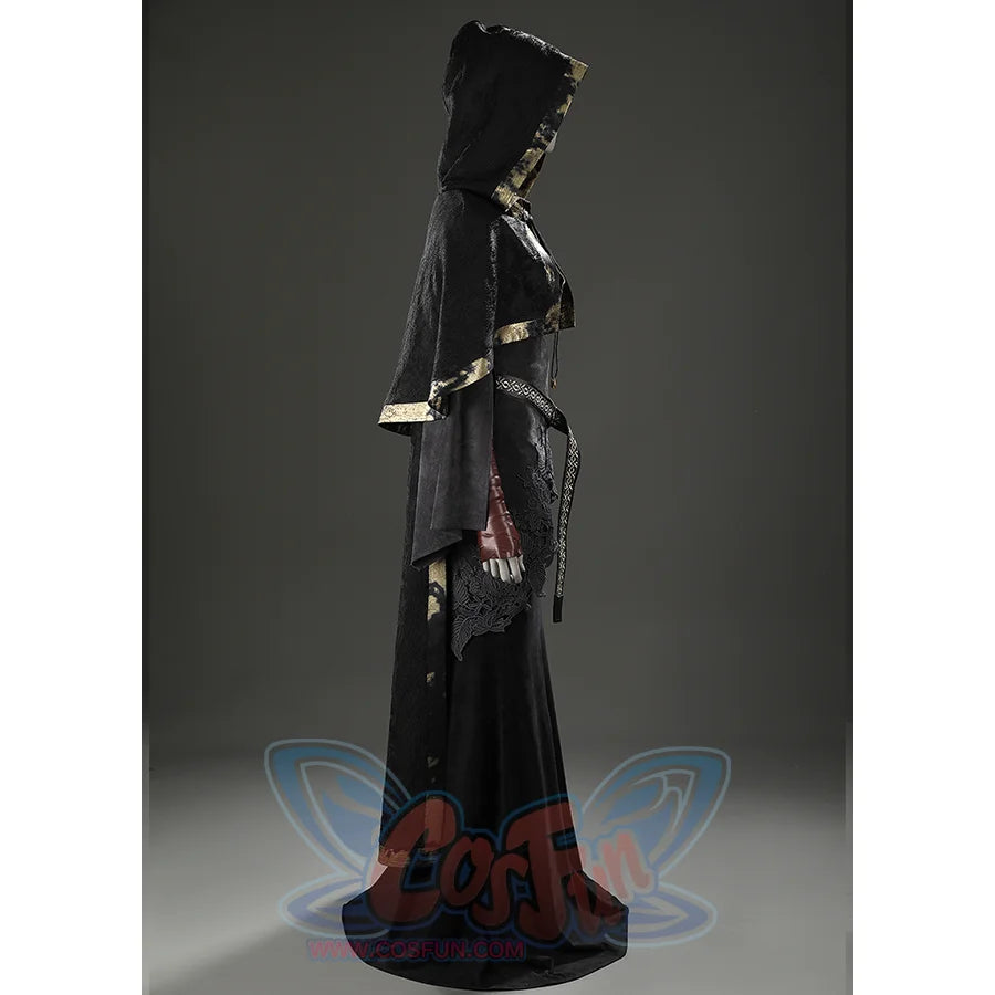 Right side view of the Dark Souls III Fire Keeper cosplay costume showing the hooded black suede robe and cape.