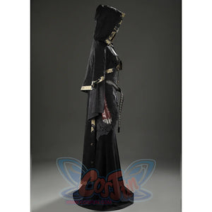 Right side view of the Dark Souls III Fire Keeper cosplay costume showing the hooded black suede robe and cape.