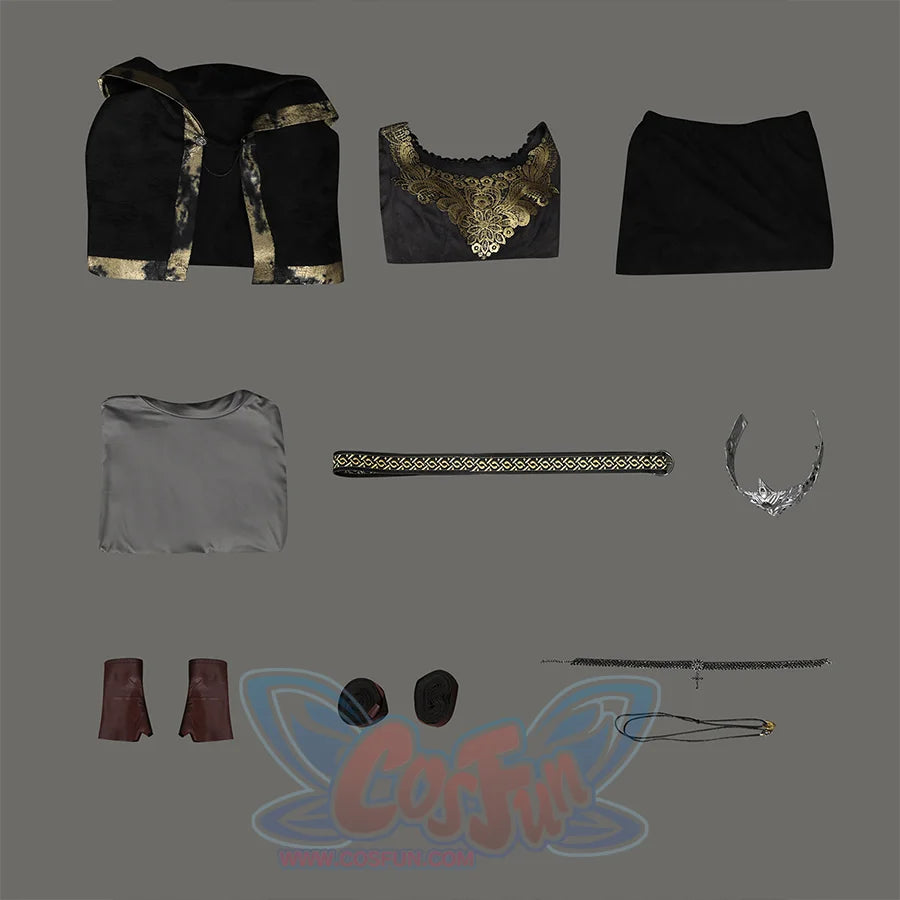 Flat lay of the cosplay costume set showing multiple garments and accessories arranged separately on a gray background.
