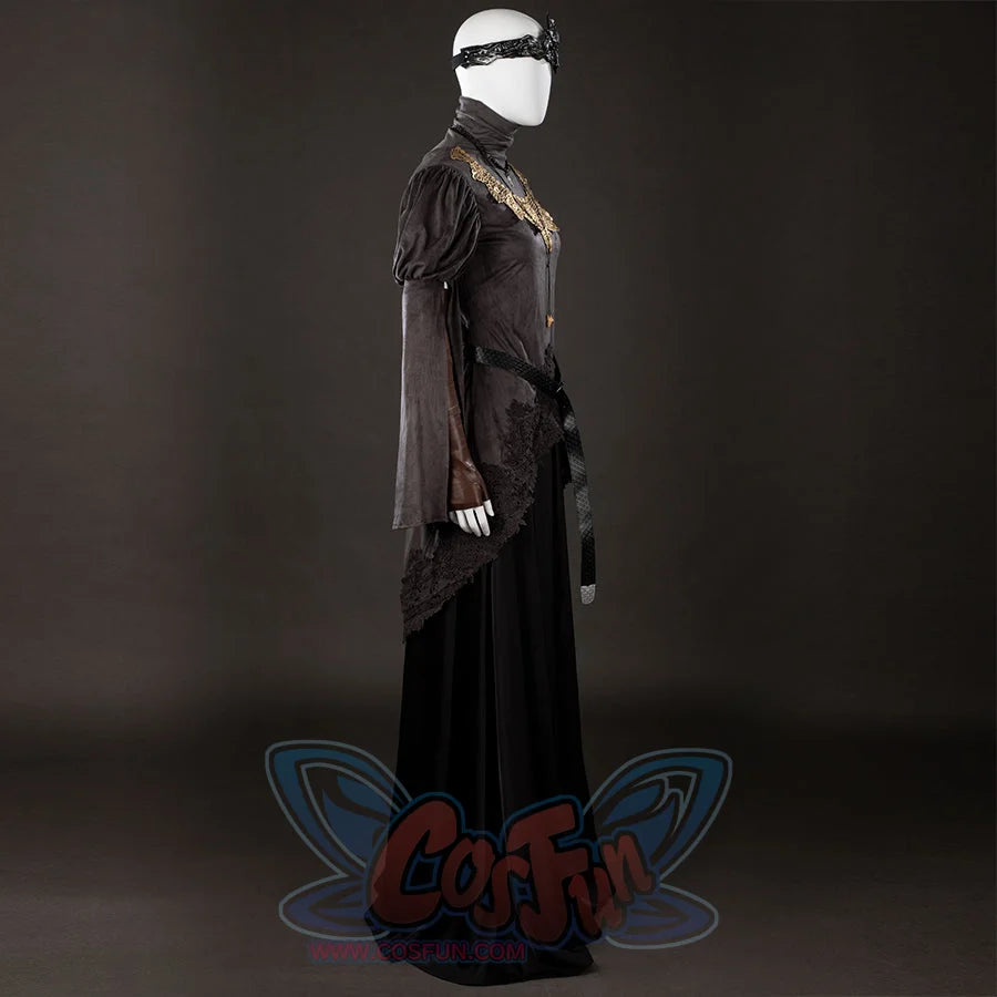 Dark Souls III Fire Keeper cosplay costume side profile shows layered sleeves over a fitted gray tunic