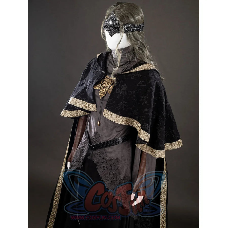 Dark Souls III Fire Keeper cosplay costume three-quarter view frames the mask inside the black cloak