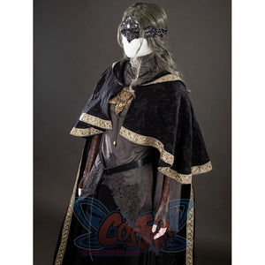 Dark Souls III Fire Keeper cosplay costume three-quarter view frames the mask inside the black cloak