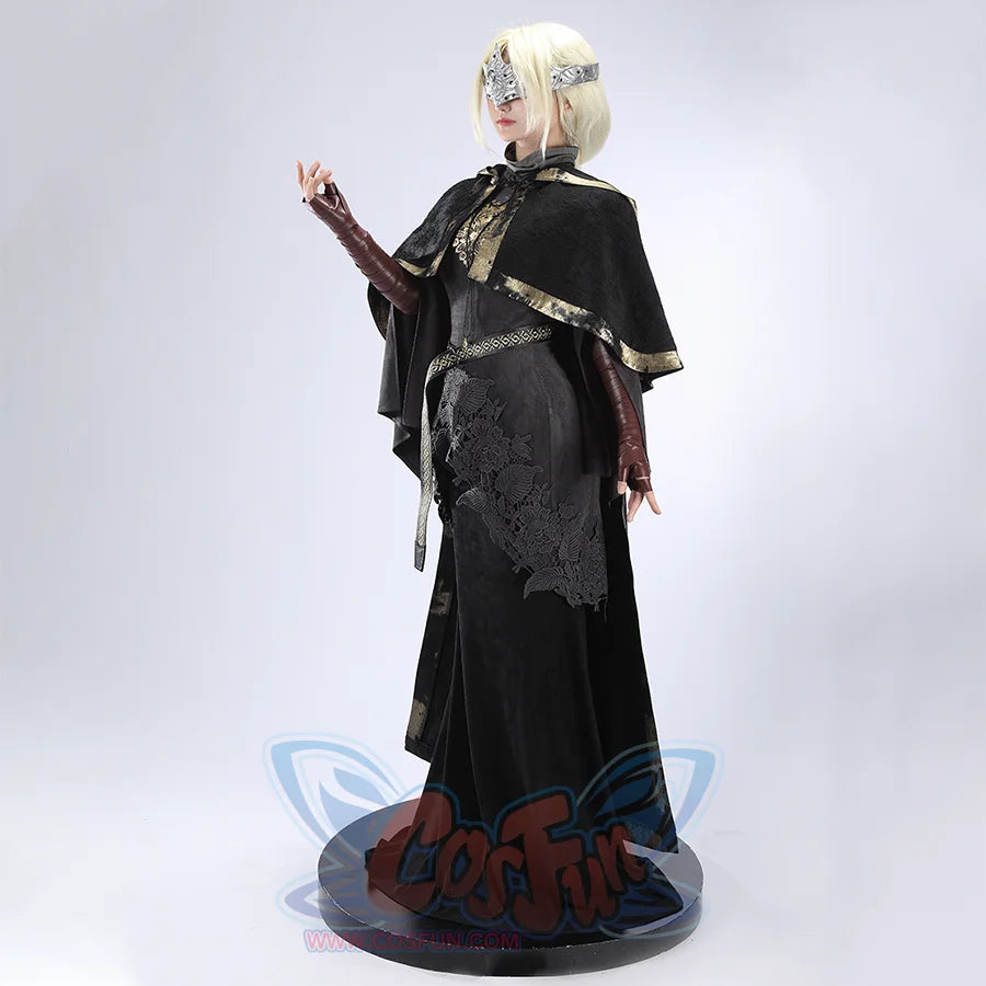 Three-quarter left view of the Dark Souls III Fire Keeper suede cosplay costume showing the cape and fitted dress.