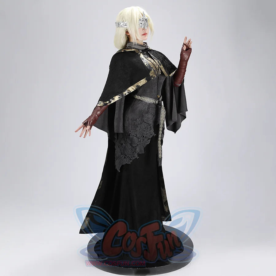 Three-quarter right view of the Dark Souls III Fire Keeper suede cosplay costume with visible side drape and front panels.