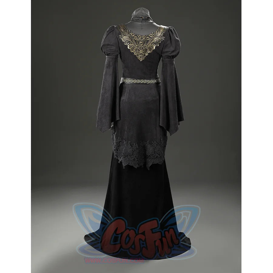 Back full view of the Dark Souls III Fire Keeper cosplay dress showing gold embroidery and long dark skirt.
