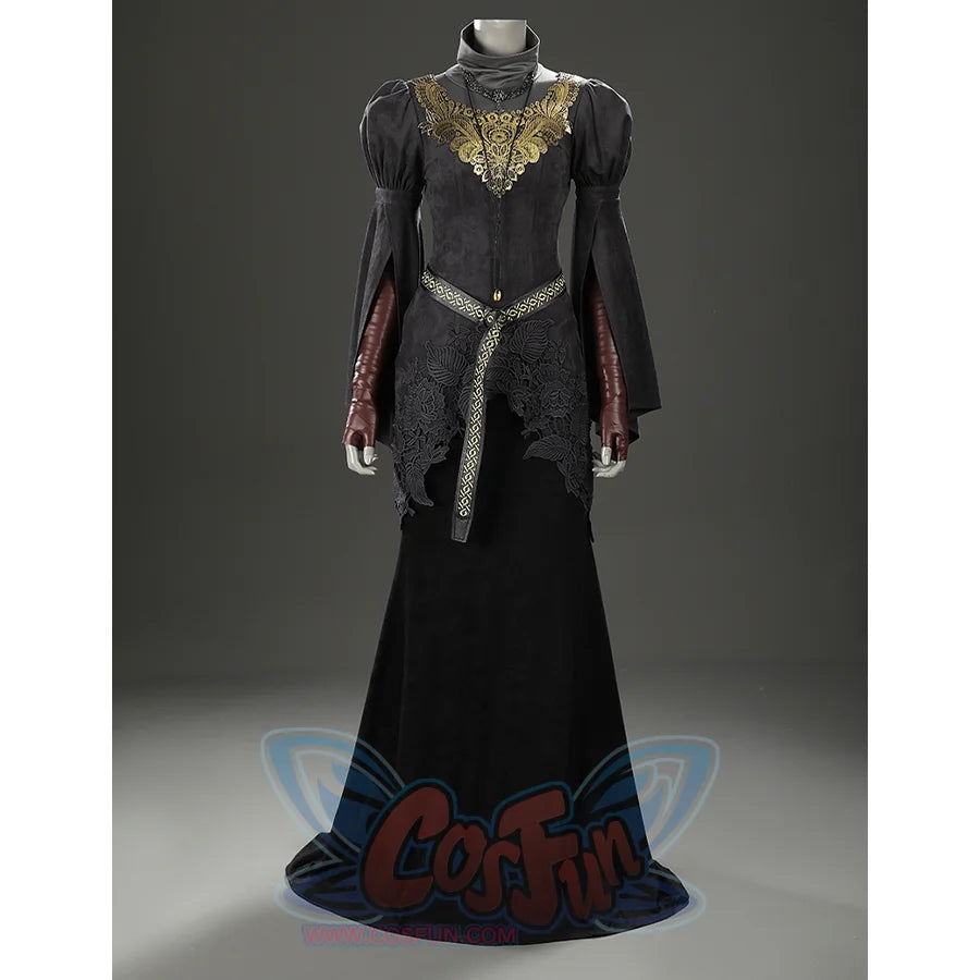 Full front view of the Dark Souls III Fire Keeper cosplay dress with gold embroidery, fitted bodice, and long black skirt.